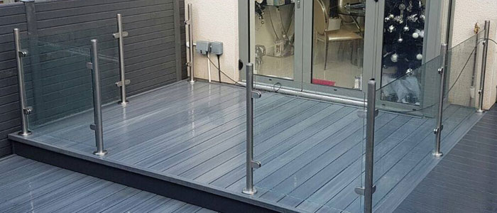 Light Grey NTW Boards Clear Glass - Stainless Steel Posts and Clamps Balustrade
